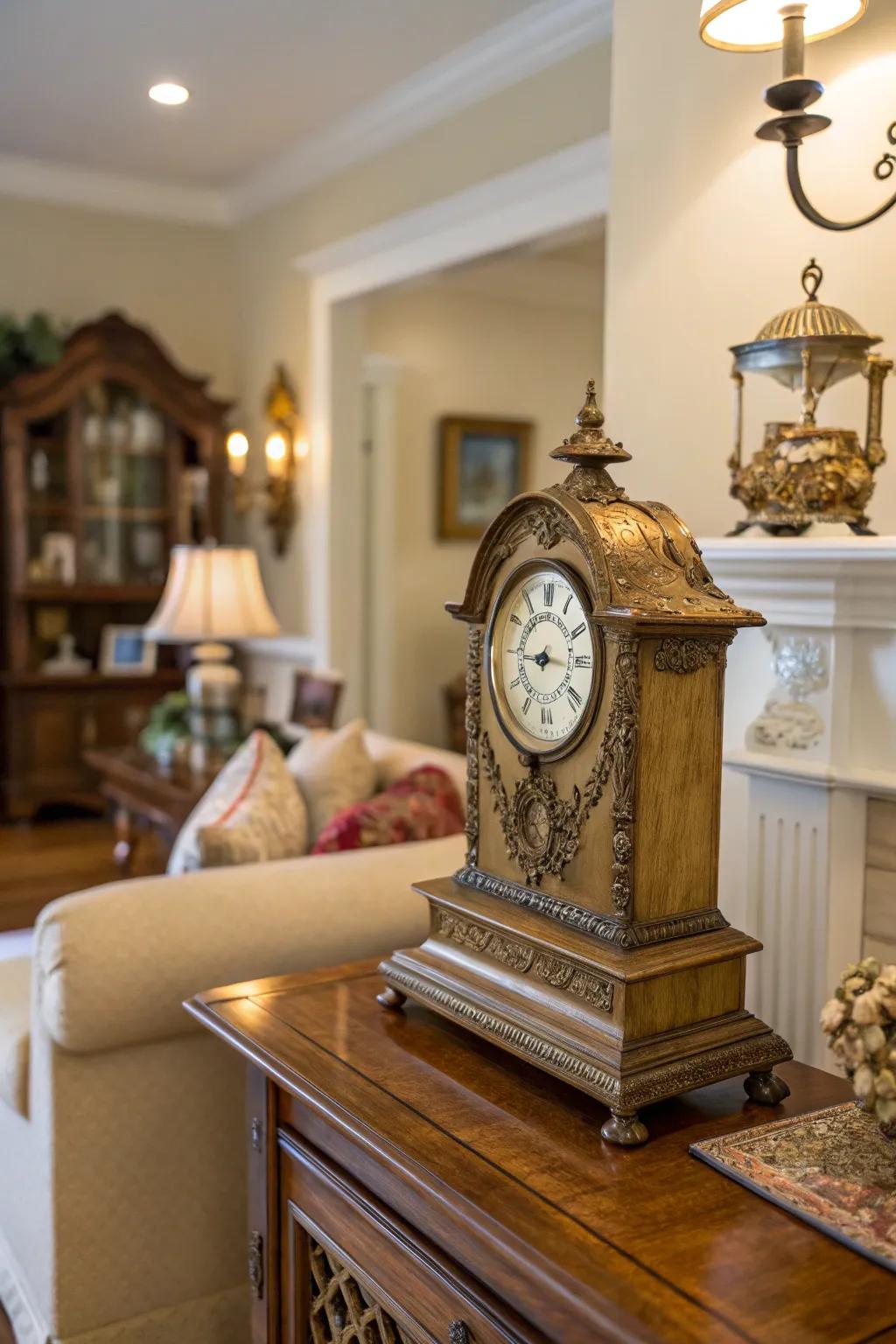 An antique clock adds timeless elegance to home décor.