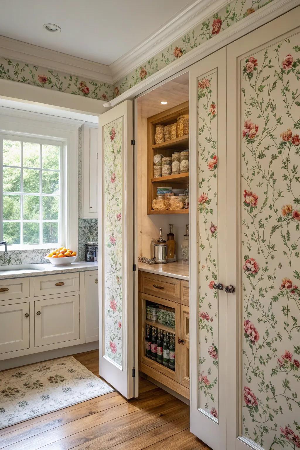 Wall covering-covered doors concealing a hidden pantry, blending with the wall decor.