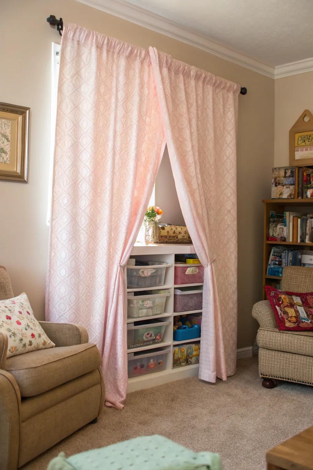 Chic curtains that hide toy storage elegantly.