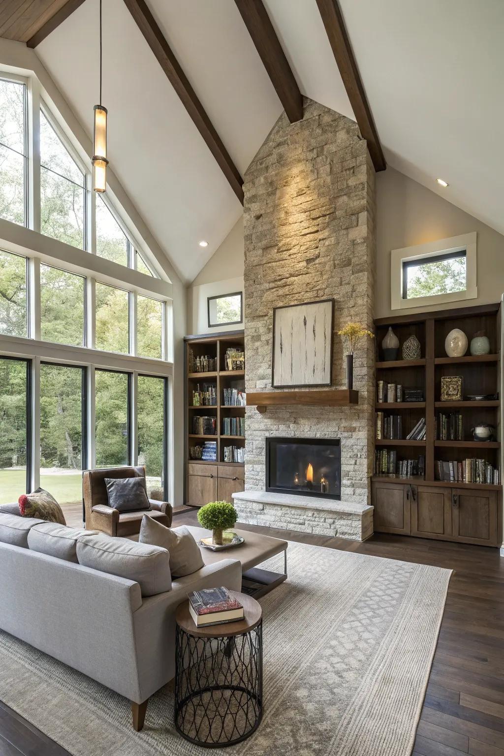 An asymmetrical fireplace contributes functionality and flair.