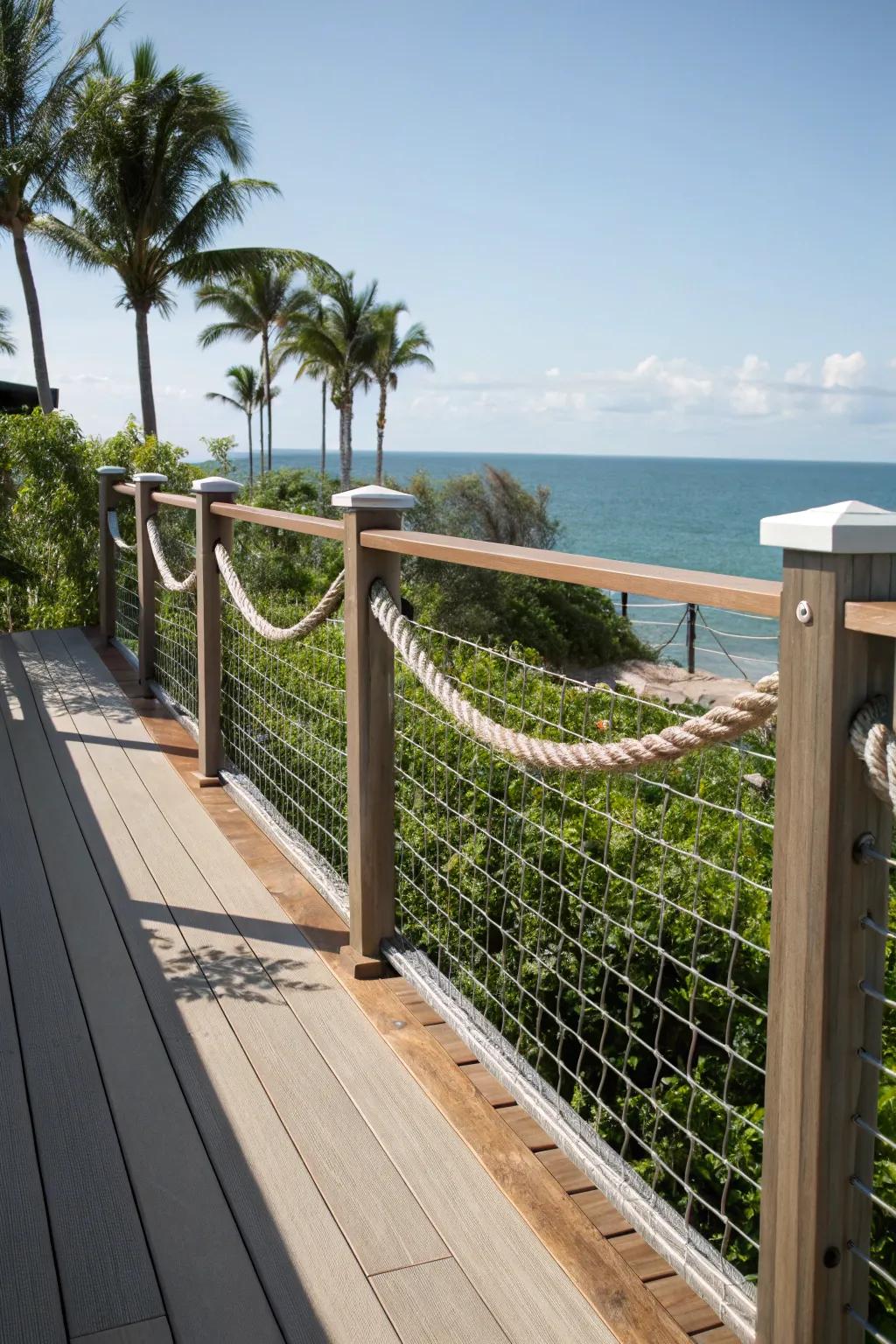 Twine accents add a nautical charm to cable deck railings.
