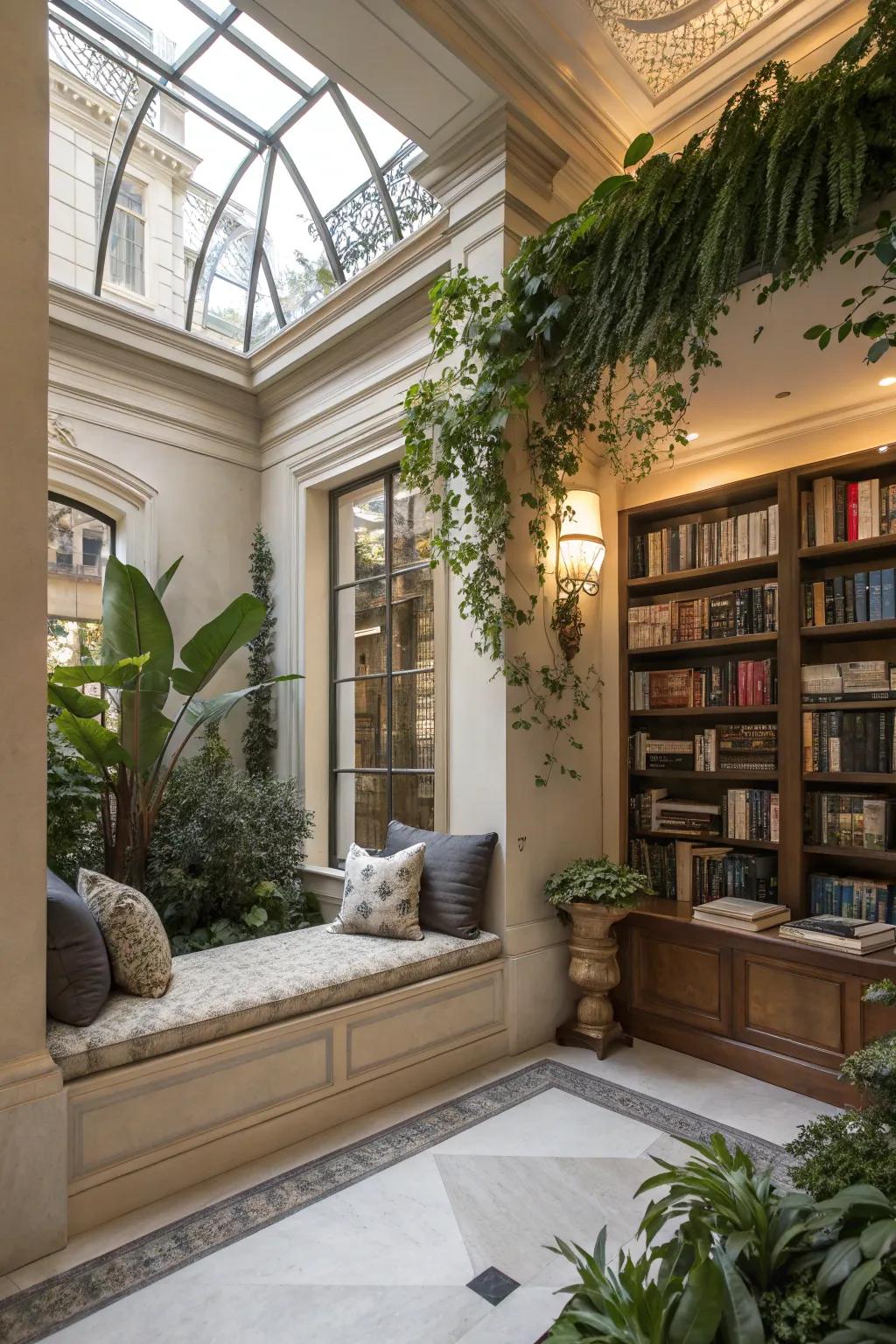 An inviting reading nook in an atrium, perfect for quiet moments.
