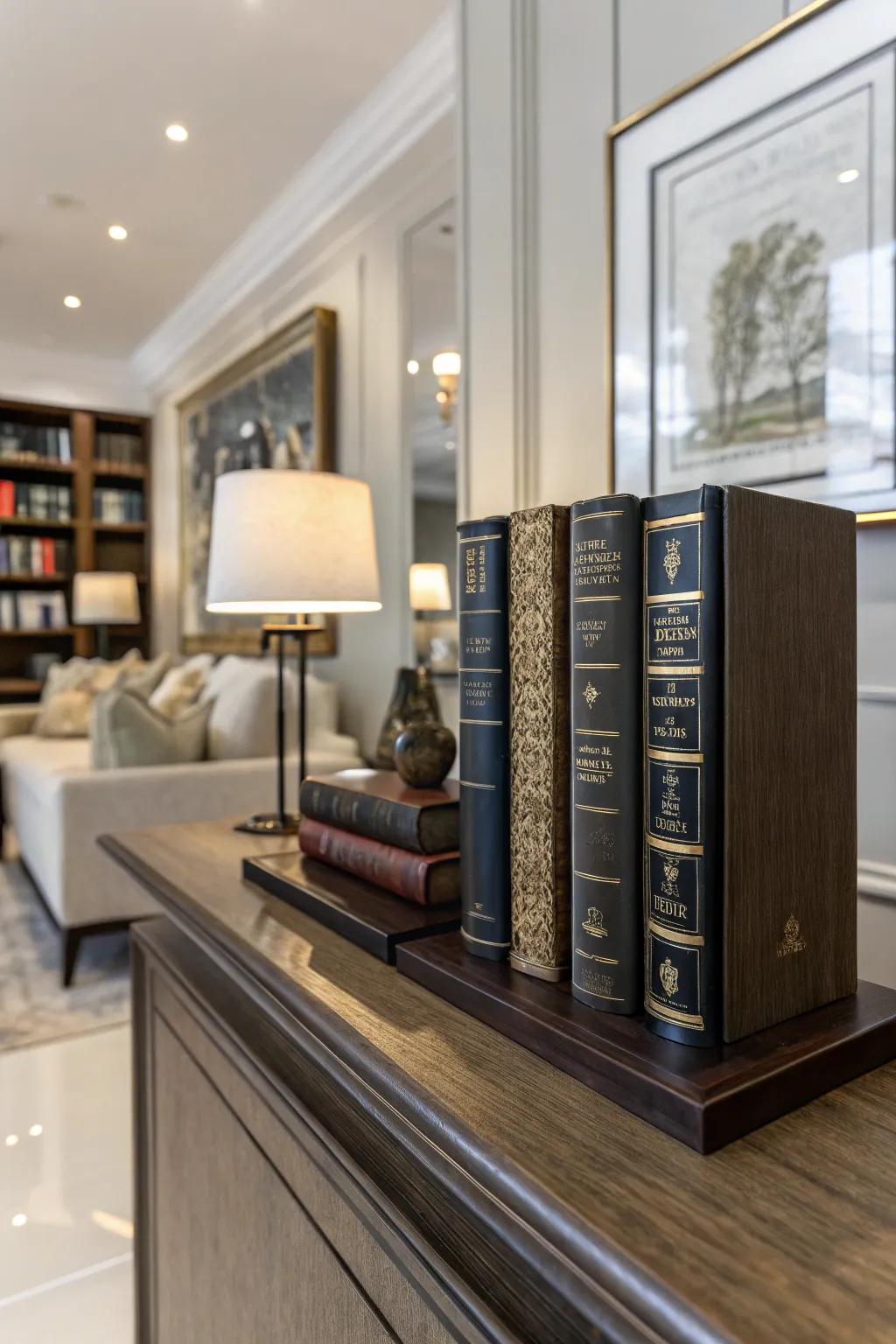 Elegant bookends adding a sophisticated flair to the bookshelf.