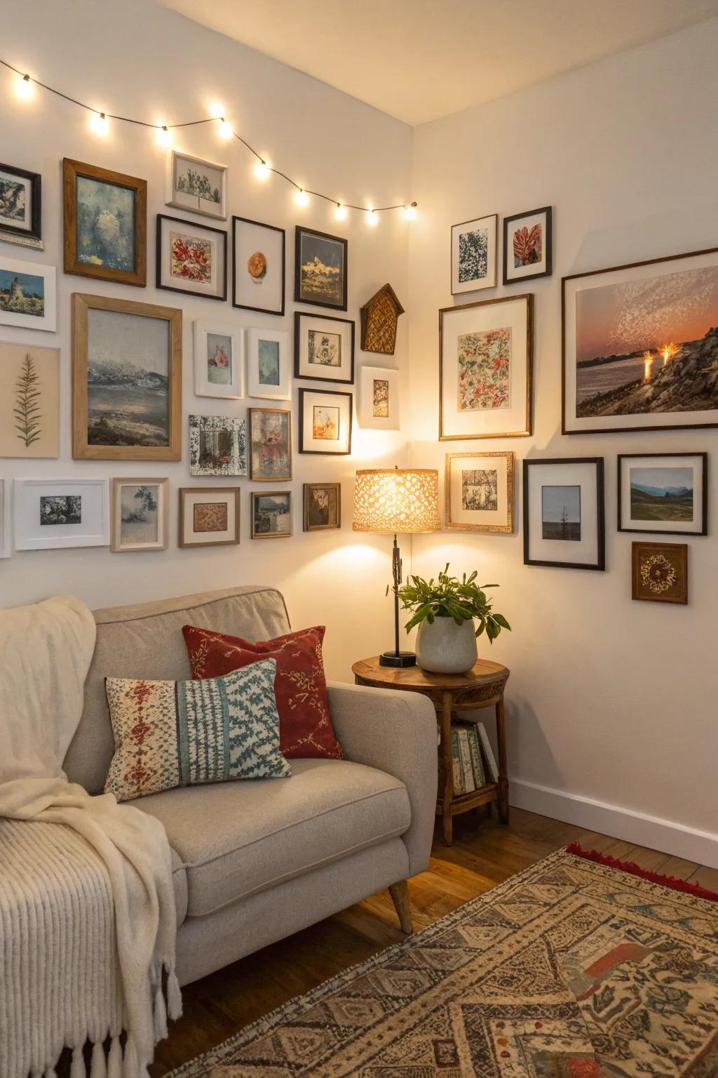 A customized gallery wall that features art and photographs