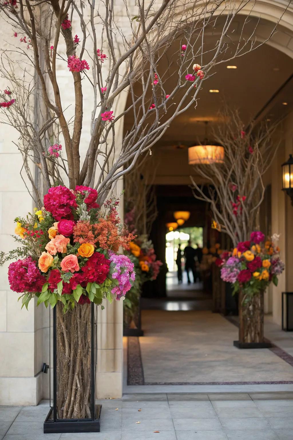 Striking floral pieces make a dramatic entryway statement.