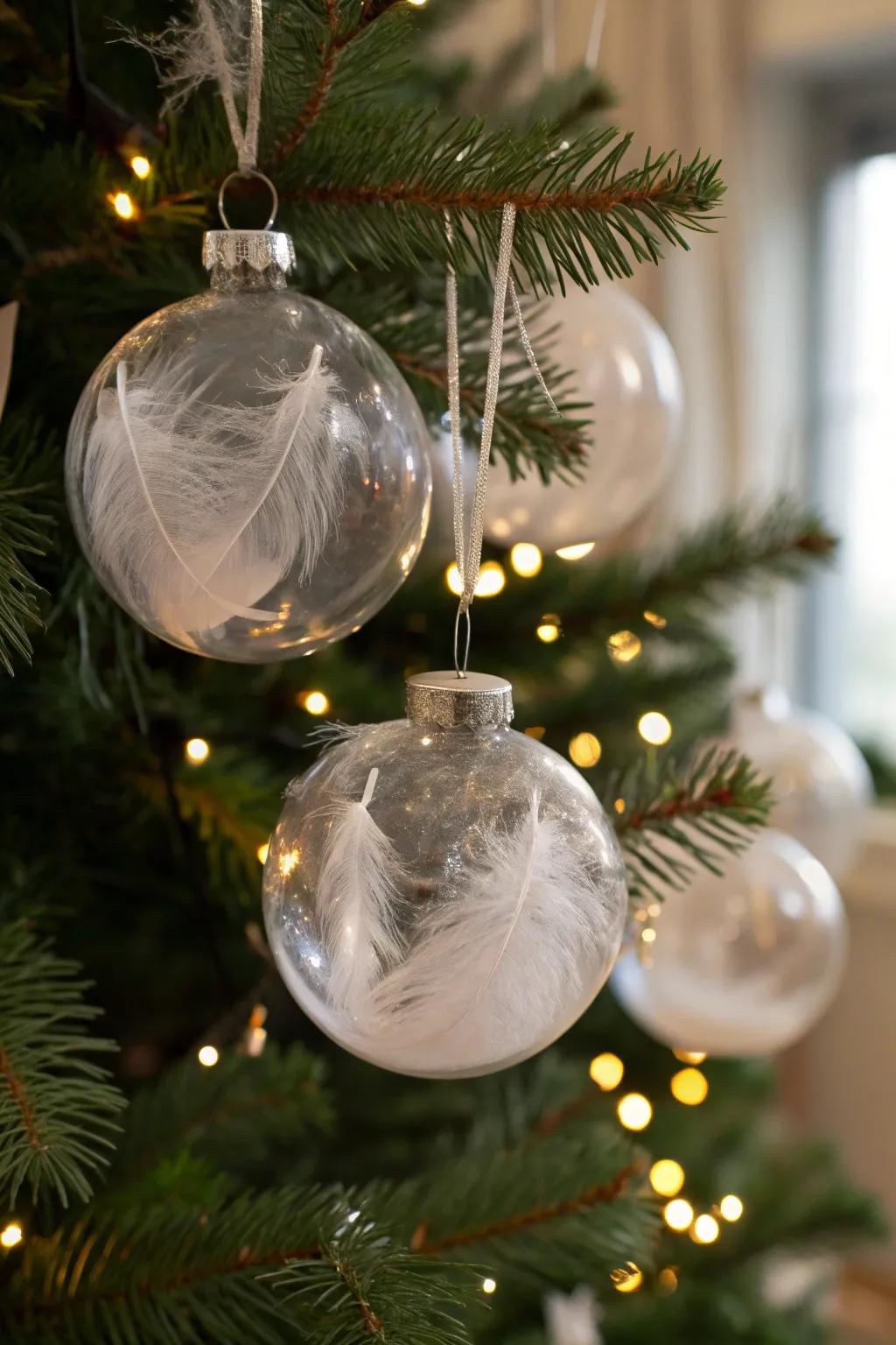 Ethereal feather baubles adding an airy sophistication to the festive decorations.