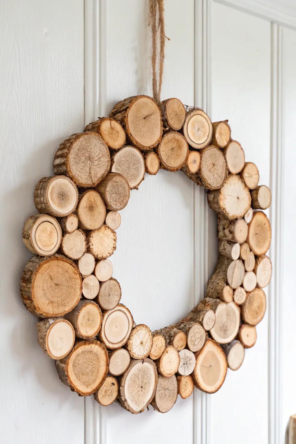 Embrace natural beauty with a rustic timber disk wreath, perfect for adding a touch of outdoor charm to your home.