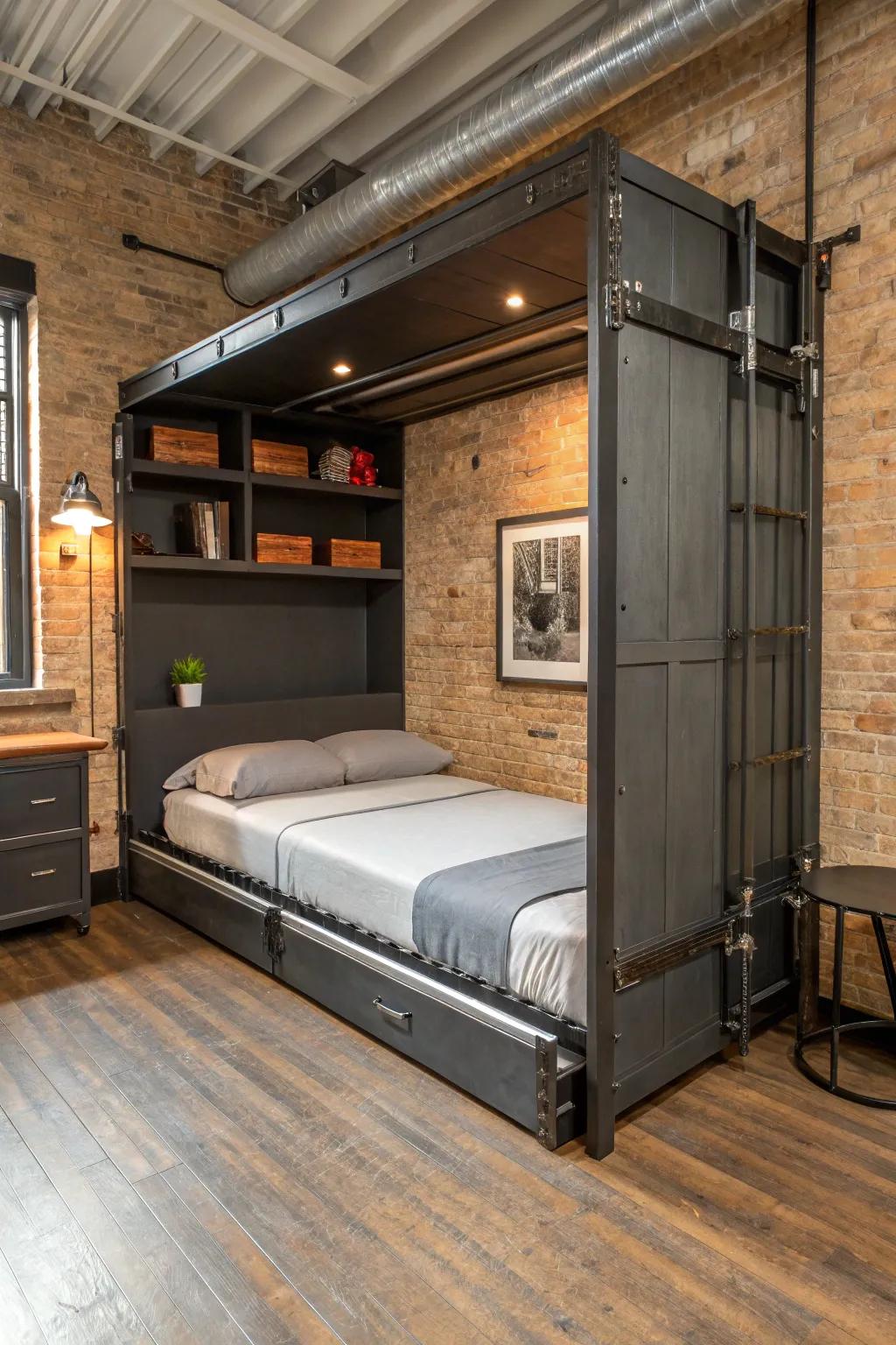 An industrial-themed room featuring a wall bed, adding an edgy and bold character.