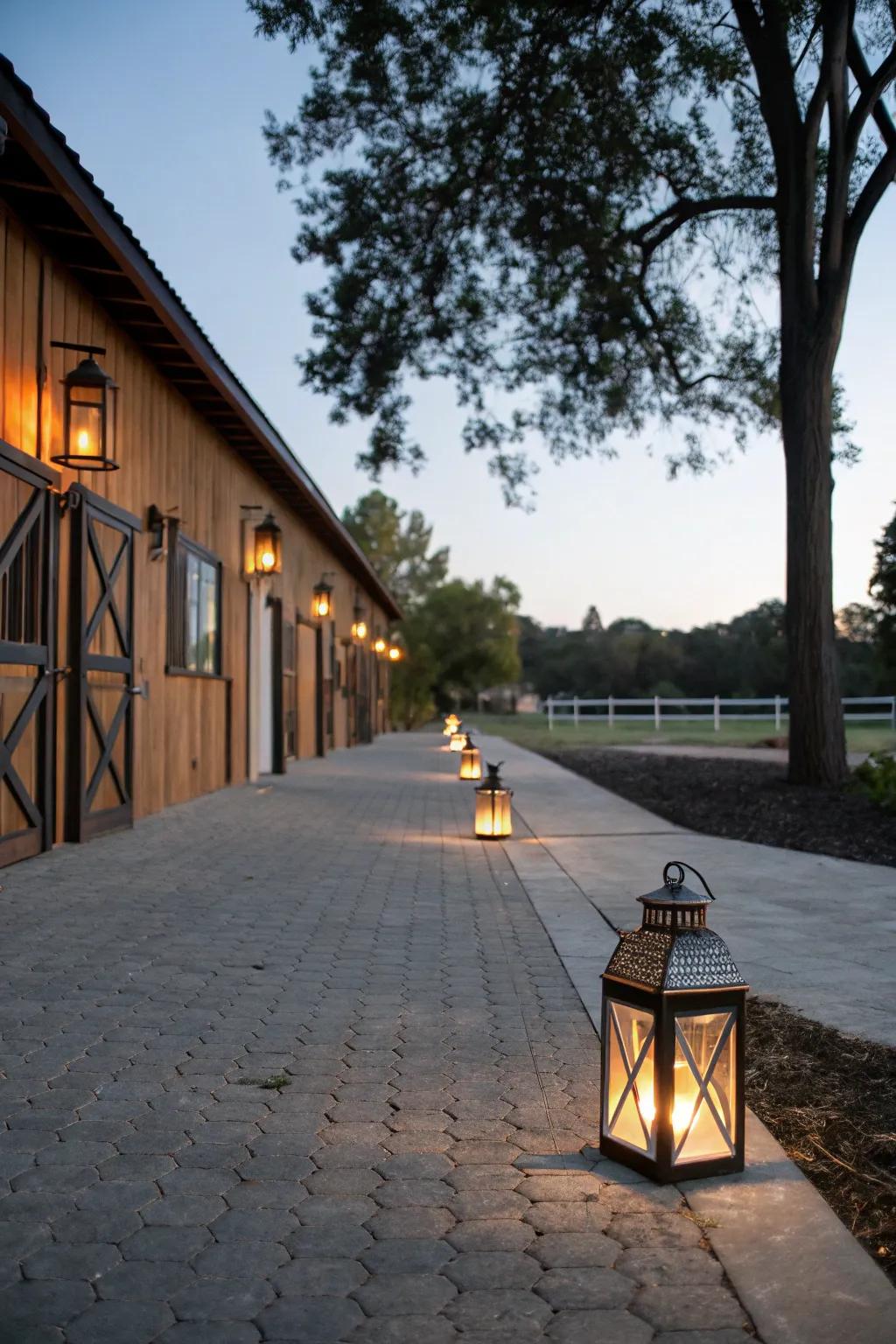 Pathway lanterns offer a cozy glow to barn walkways.