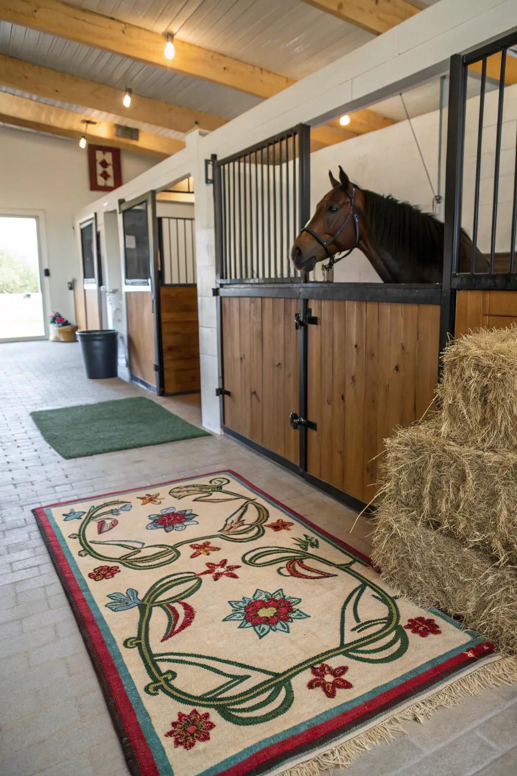 Themed rugs add warmth and style to the stall floor.