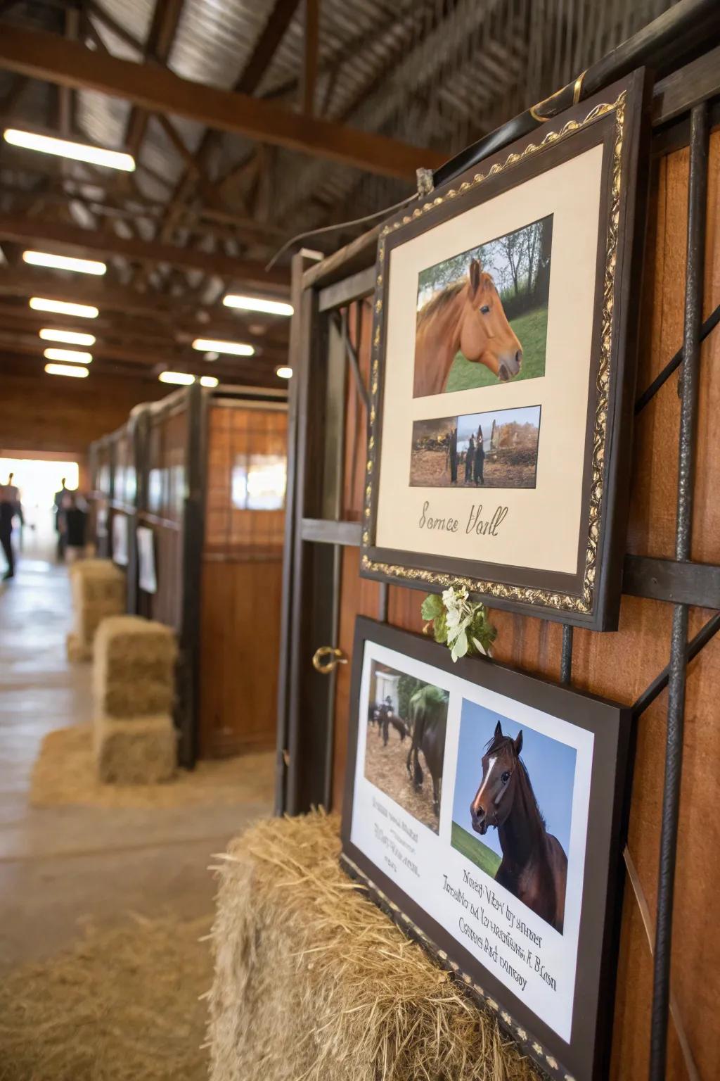 A stable marker featuring personal snapshots of a horse.