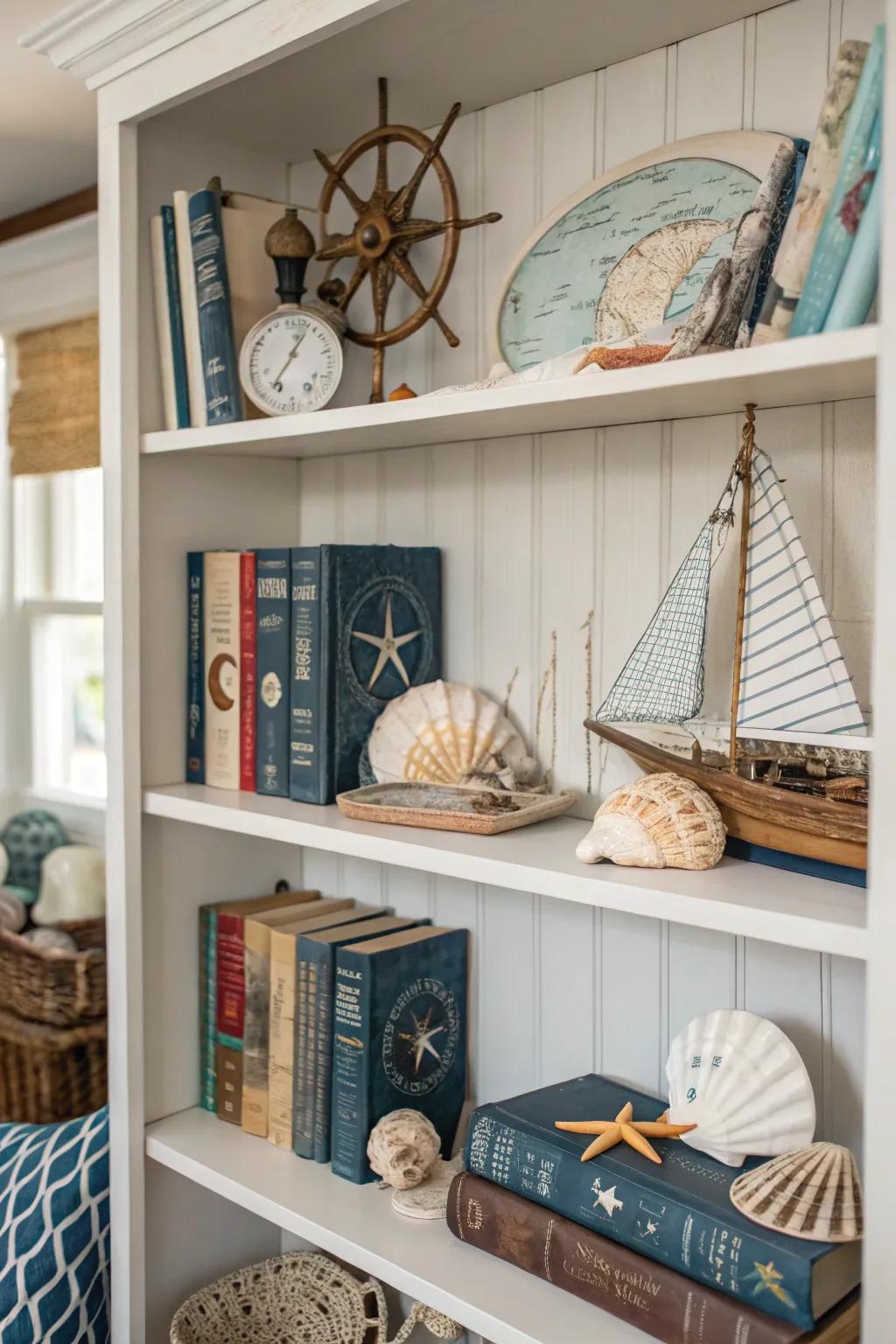 Bookshelf exhibiting a marine motif.