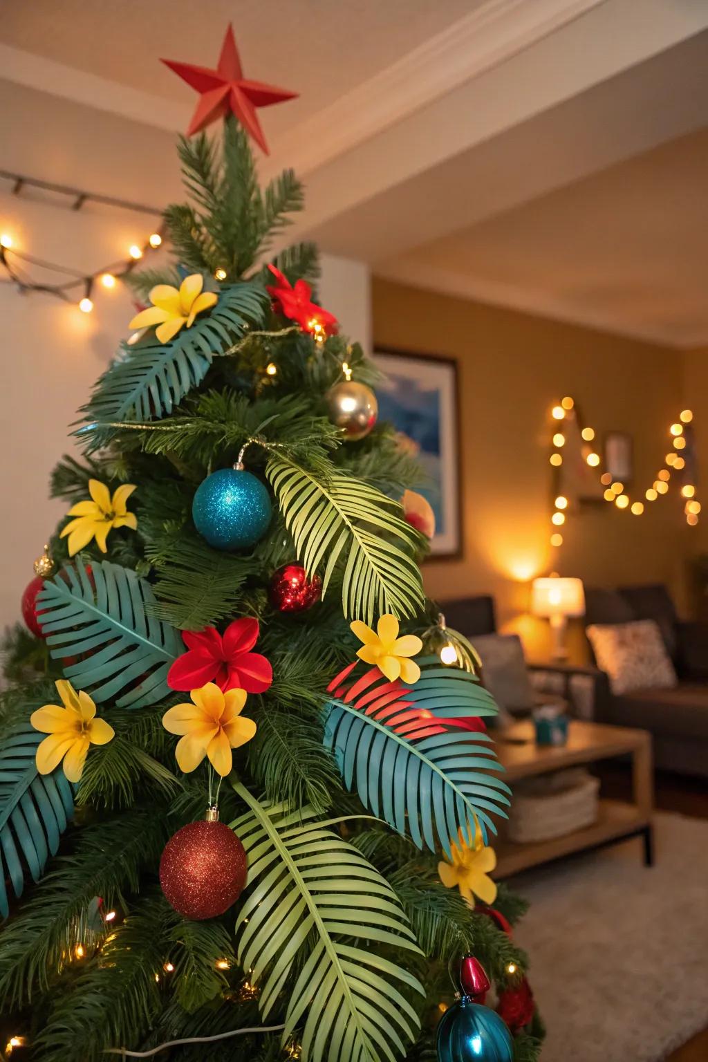 A tropical-themed Christmas tree inclusive of vibrant decorations and palm highlights.
