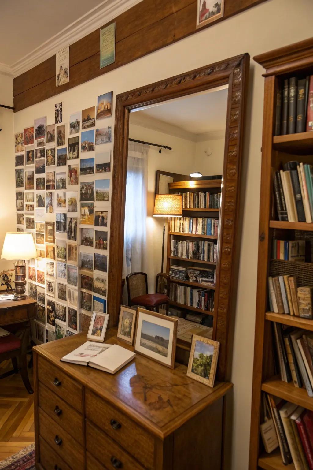 Personal keepsakes around a mirror creates a meaningful focal point.