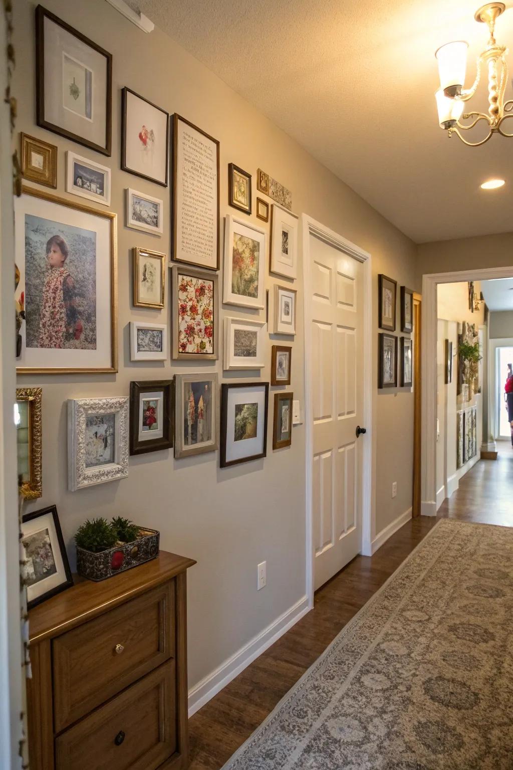 A gallery wall displays personal photos and adds character.