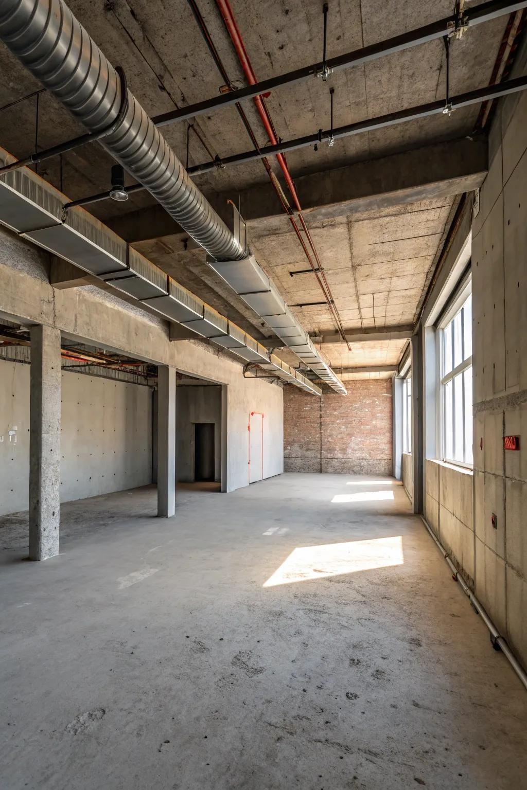 An industrial-style room showcasing exposed ductwork on the ceiling.