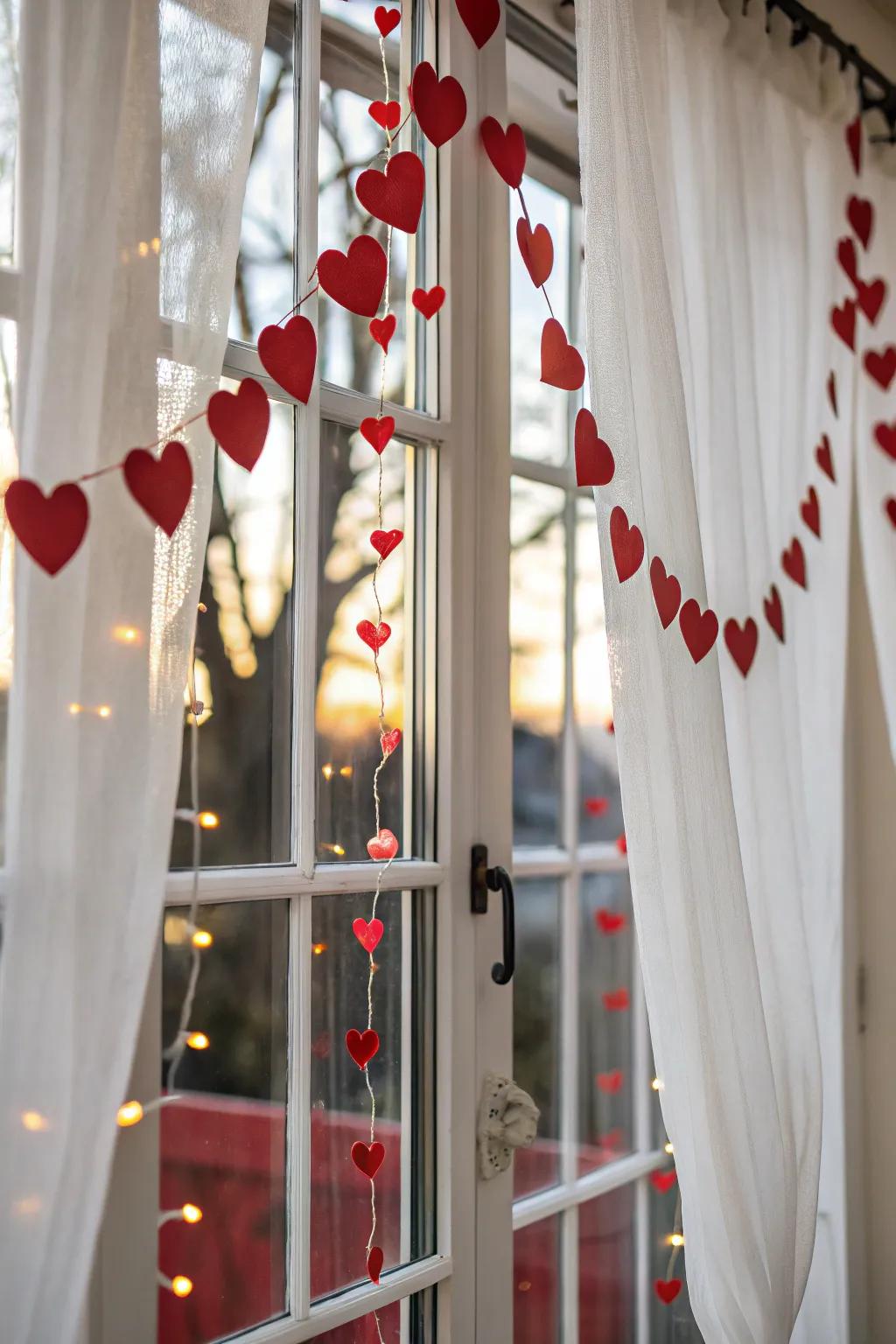 Heart decorations create charm on windows.