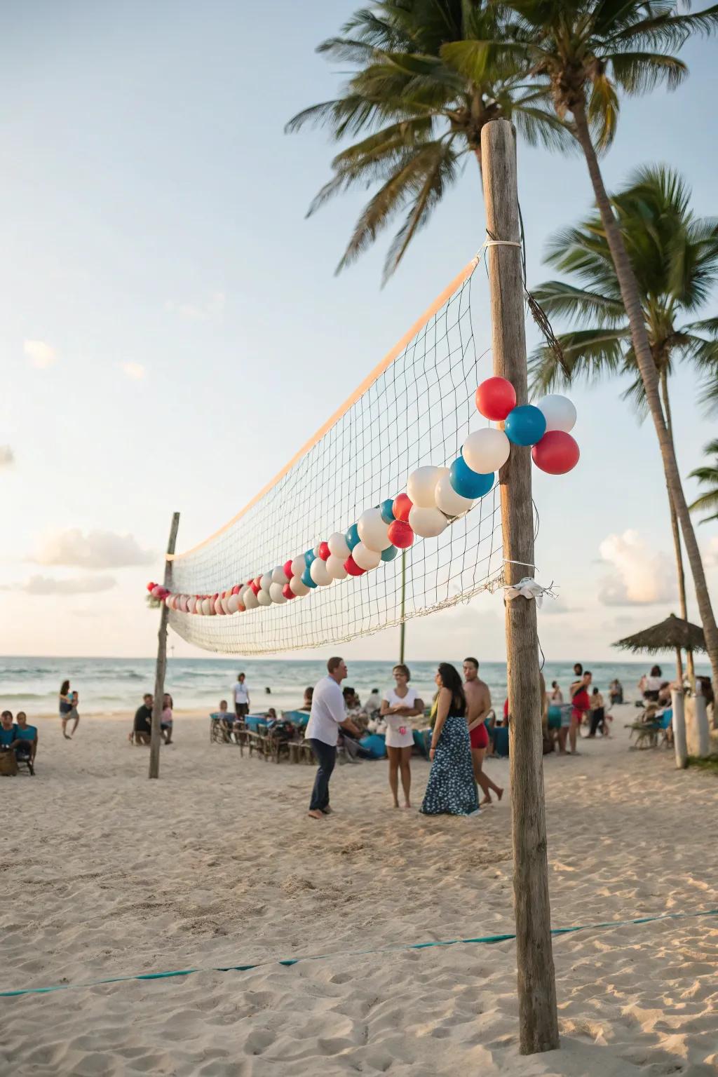 A net filled with balloons enhances the nautical theme of a beach party.