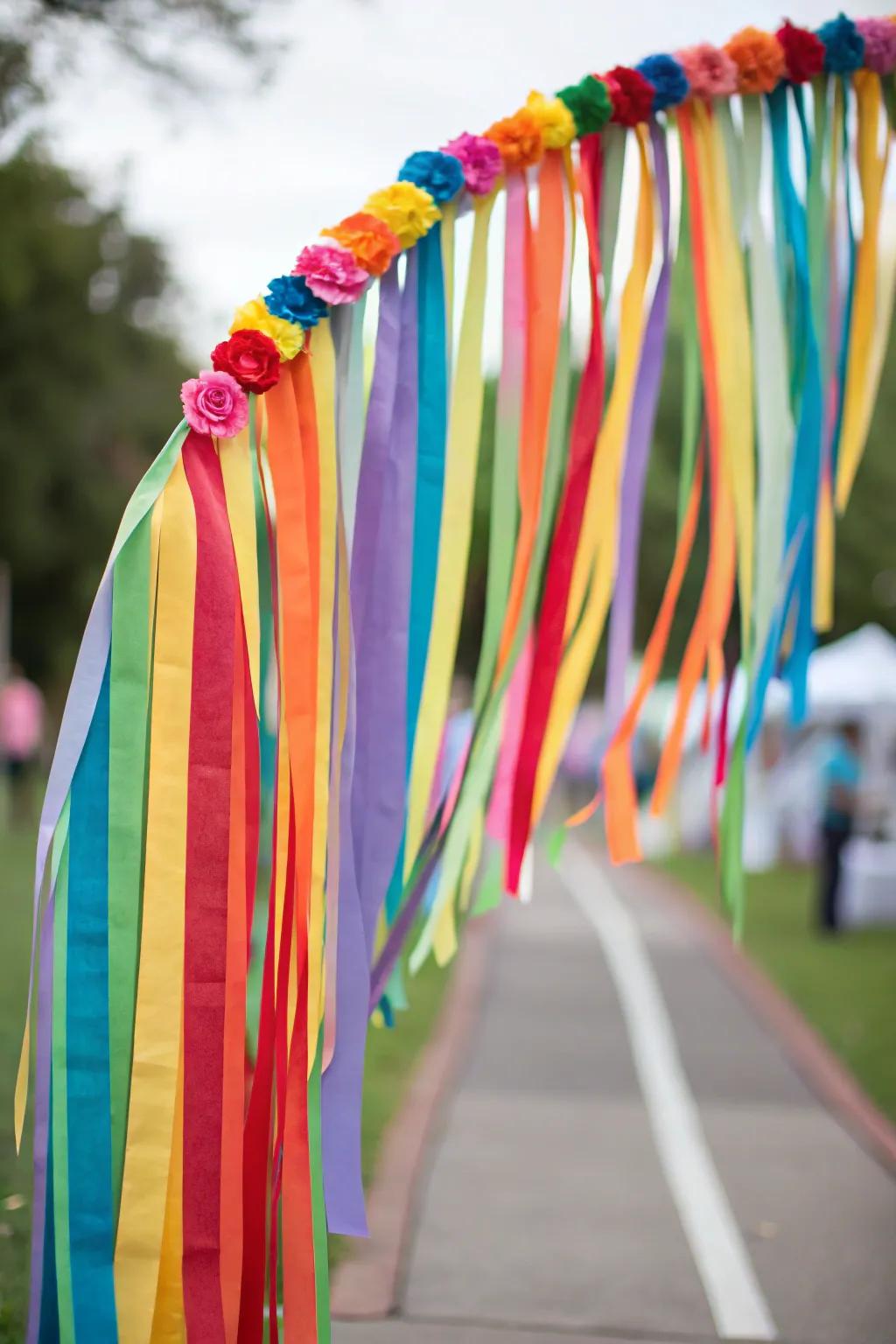 Welcome guests using a grand paper strip wreath arch.