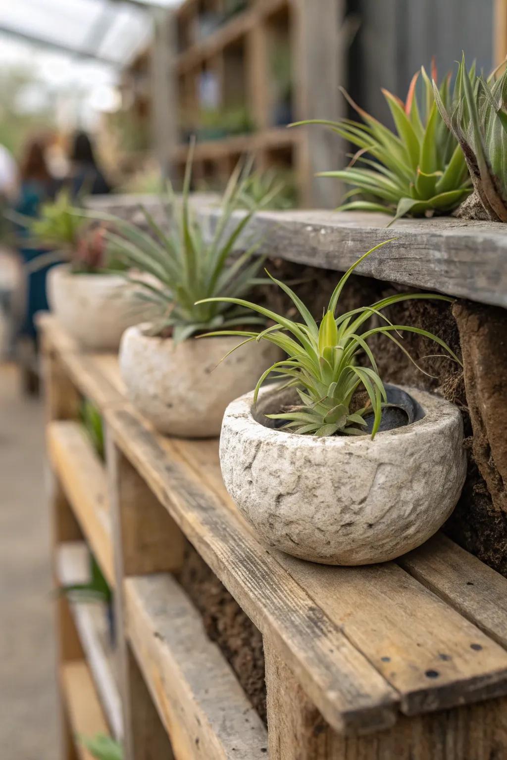 Stone planters displaying air plants for a rugged look.