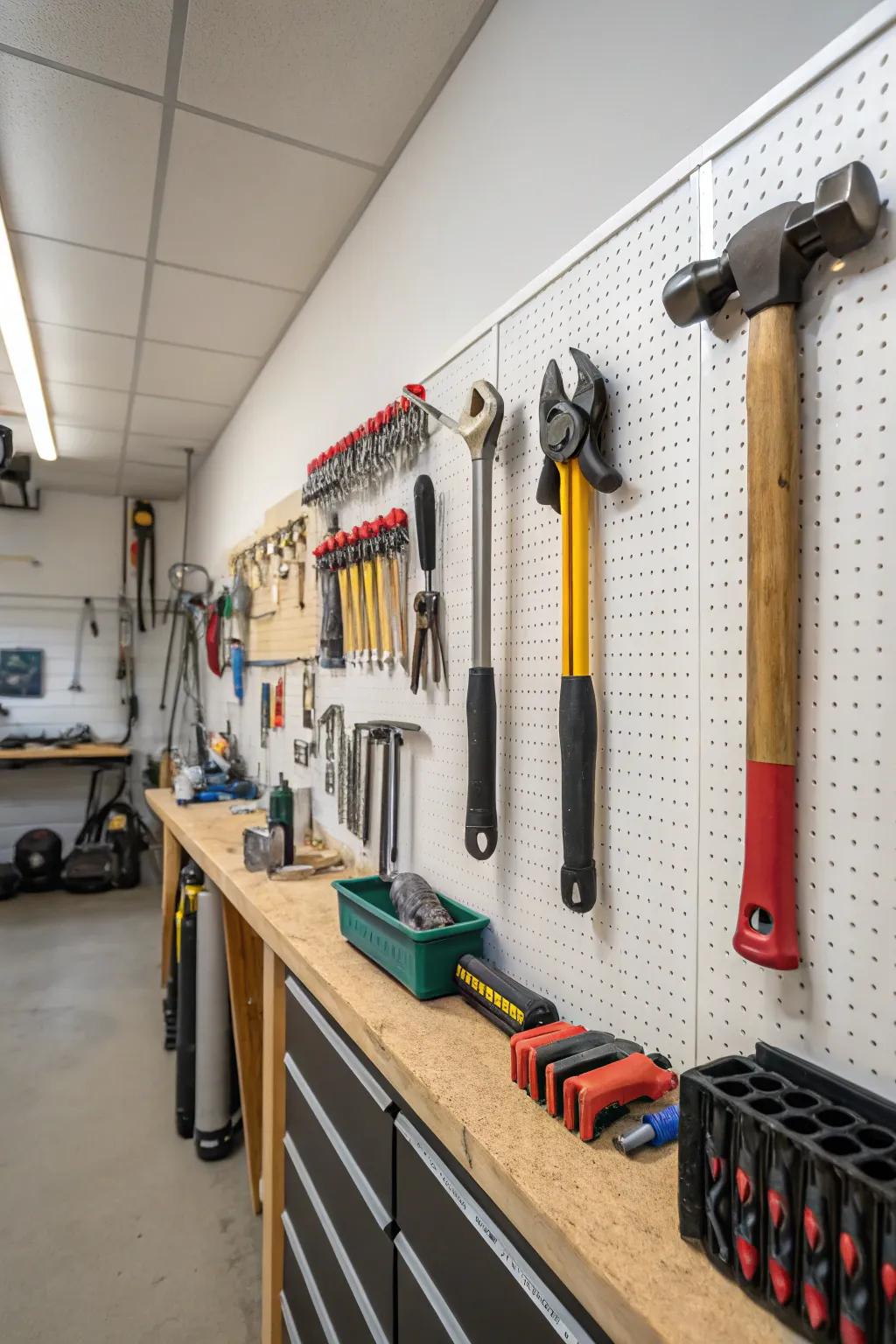 Wall-mounted organizers free up floor space and keep tools handy.