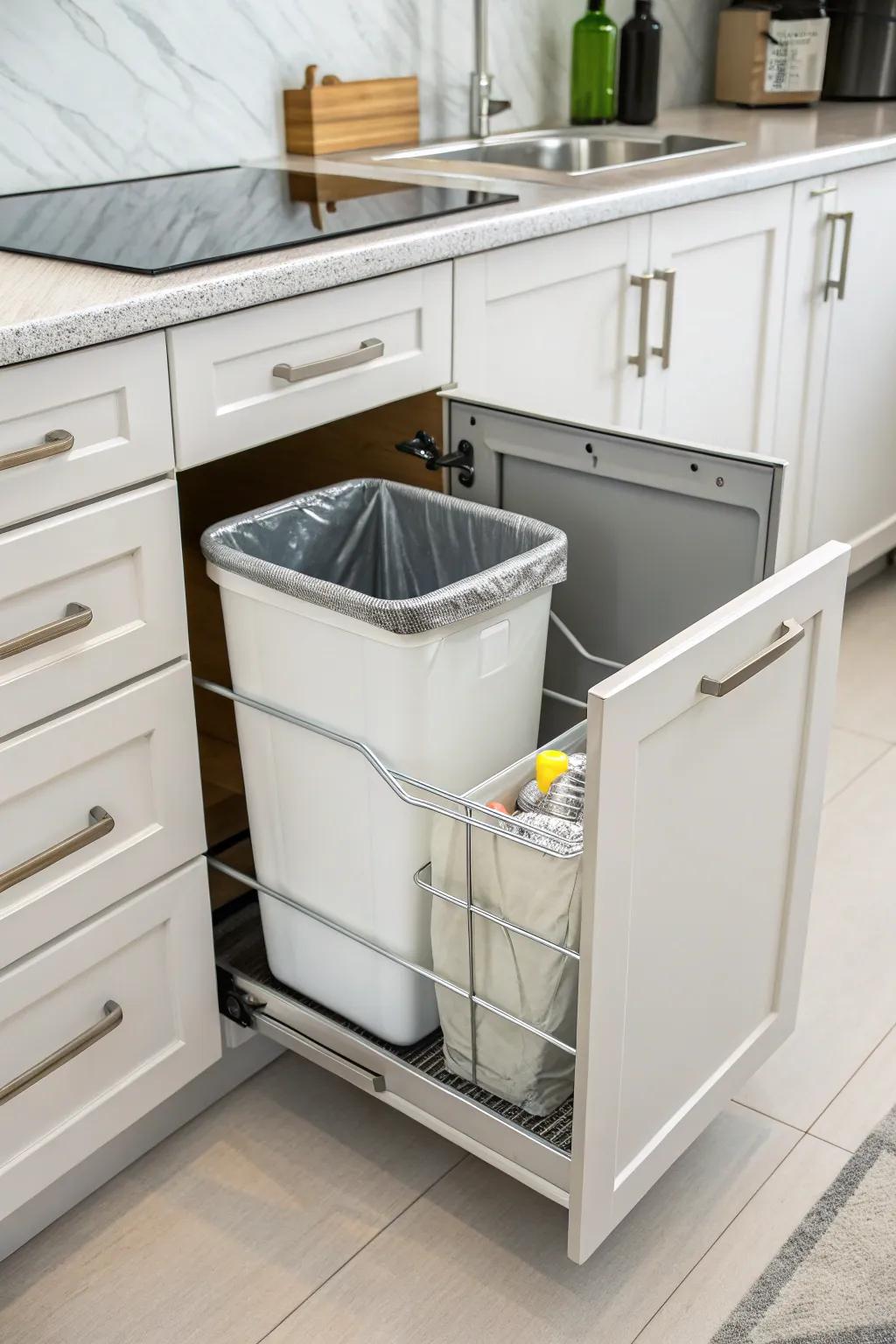 A pull-out trash can keeps your kitchen clean and arranged.