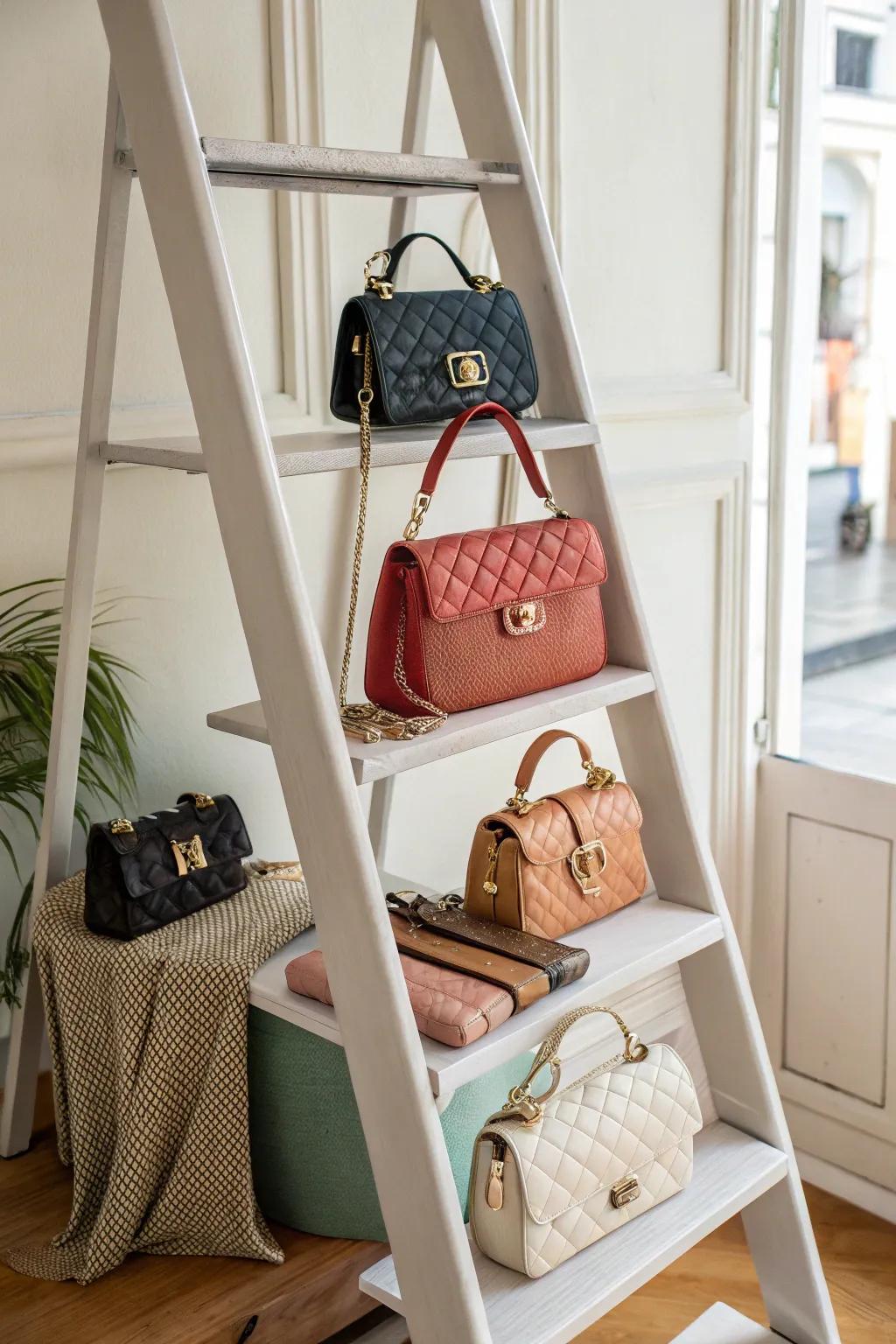 A ladder shelf providing stylish and modern purse storage.