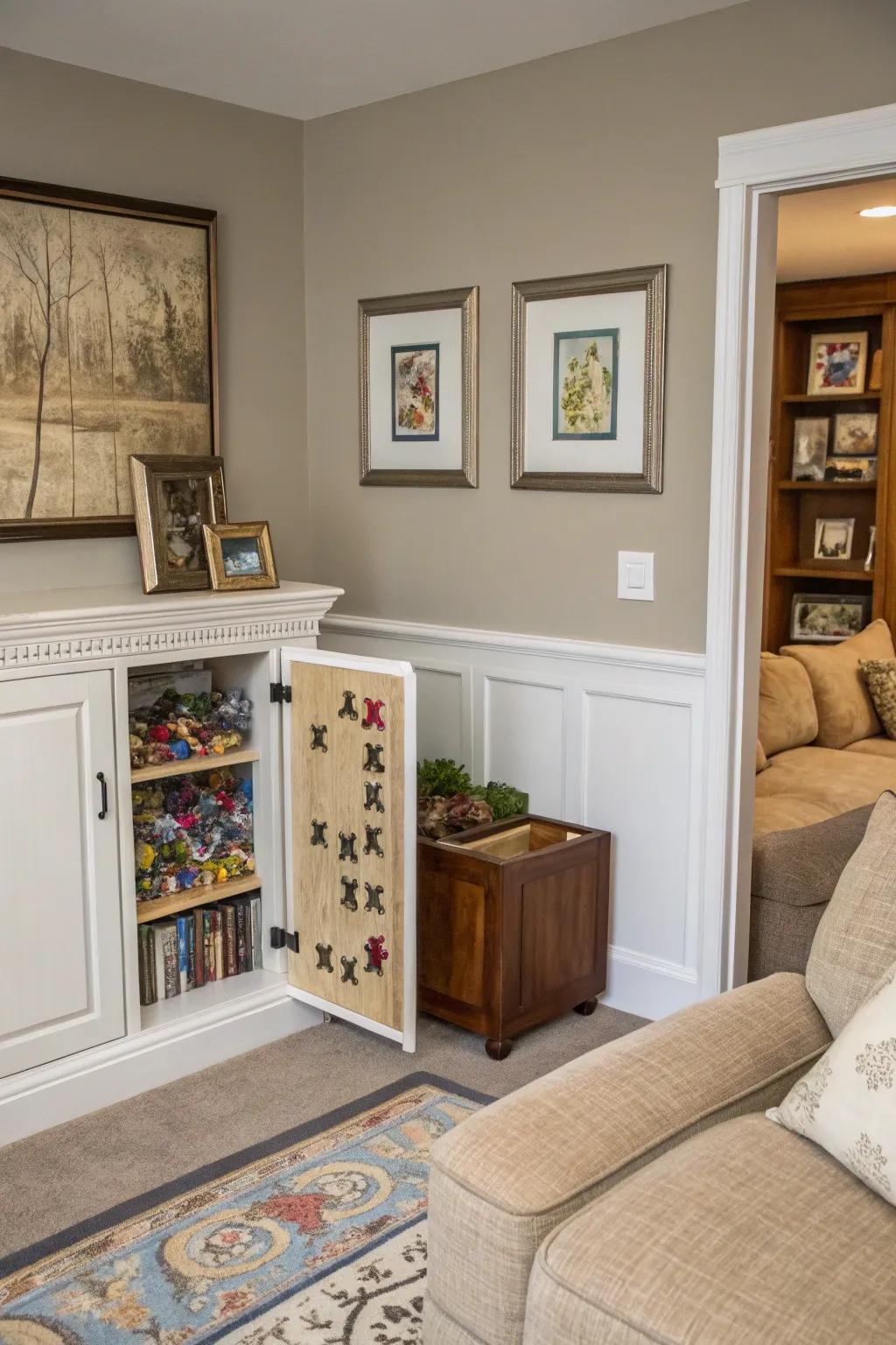 Hidden wall storage for keeping puzzles tucked away yet useful.