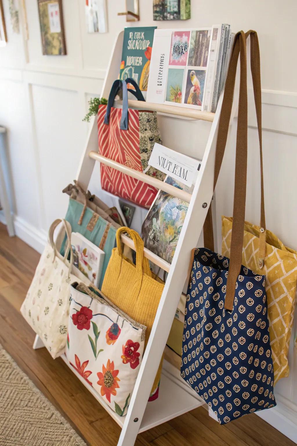 A booklet holder provides unexpected function for carryall storage.