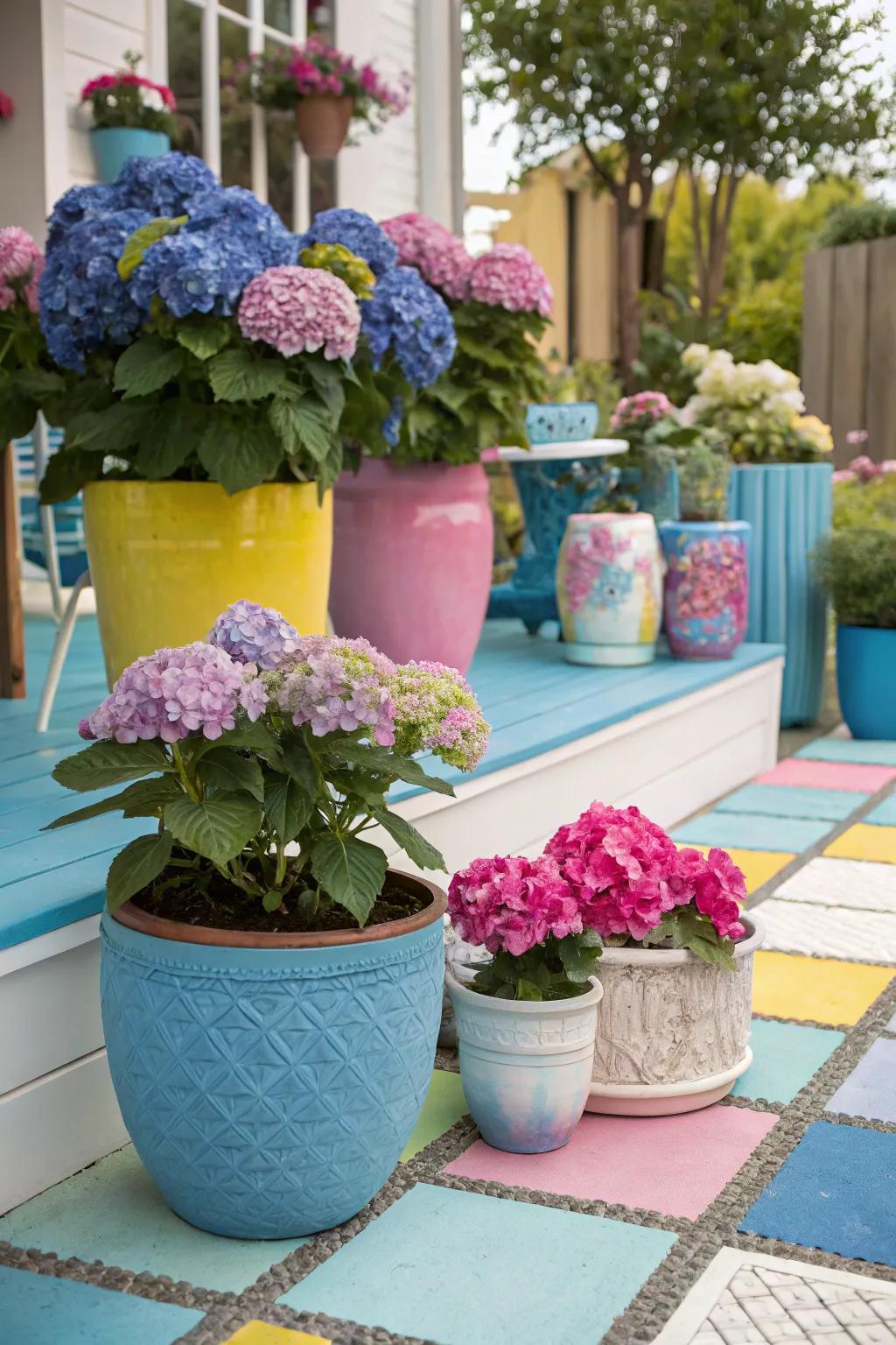 Harmonious blend of vessels presenting hydrangeas on a vivid patio.