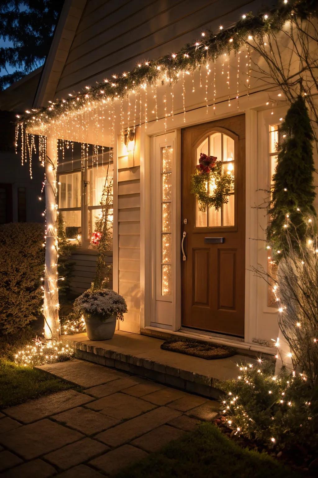 An entryway framed with glimmer strips, inviting you in with festive warmth.