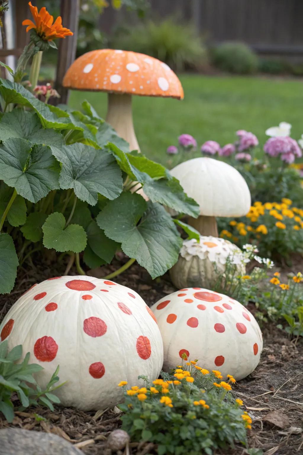 Whimsical mushroom pumpkins lending a hint of enchantment to the decor.