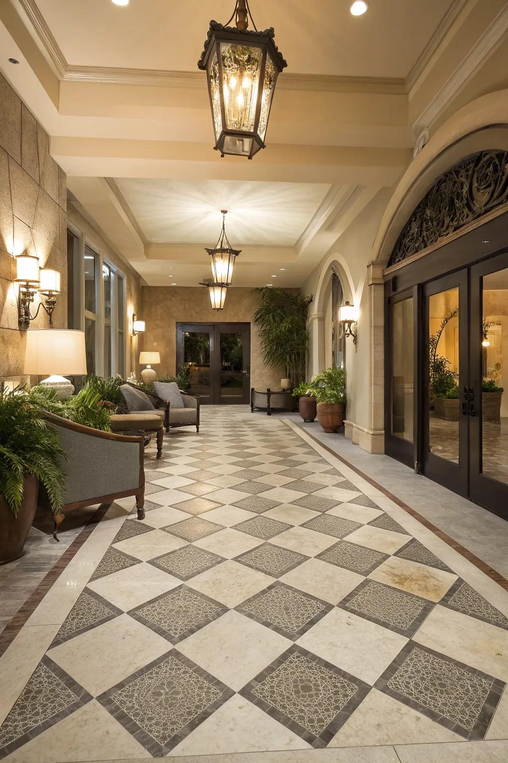 Diamond-cut patterns refine concrete floors with sophistication.