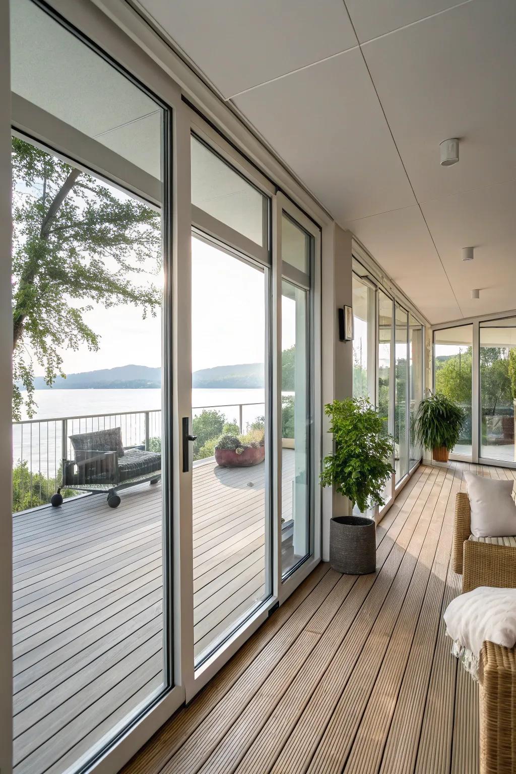 Sliding glass doors furnish versatility and transparency throughout this indoor deck.