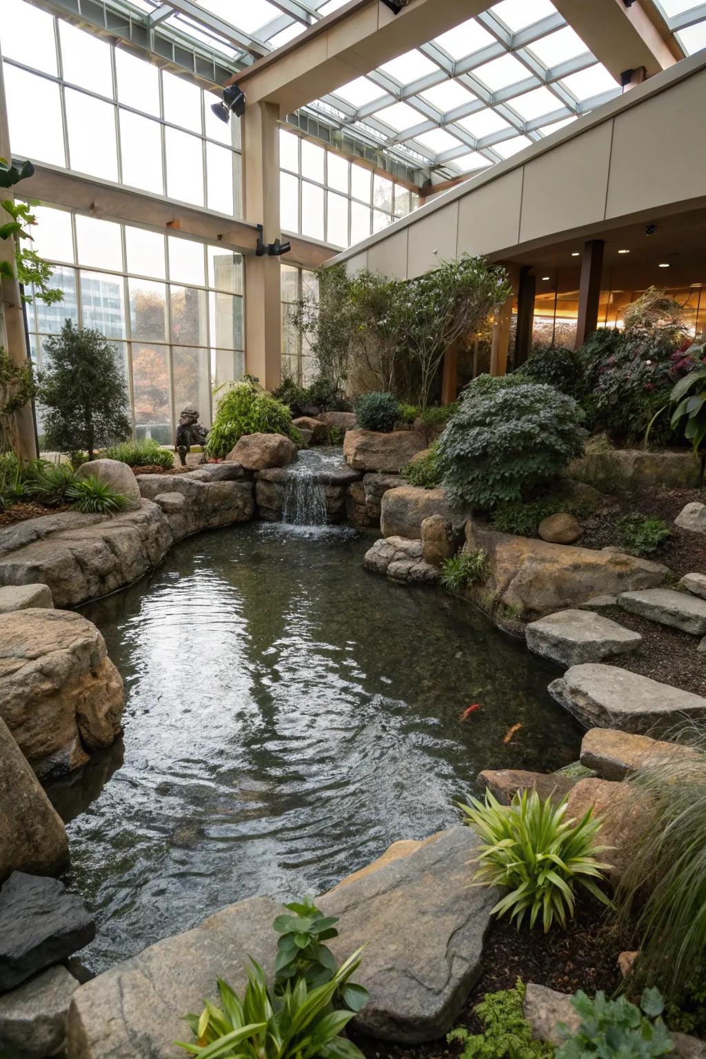 Rock displays contribute an earthy and organic touch to interior water gardens.