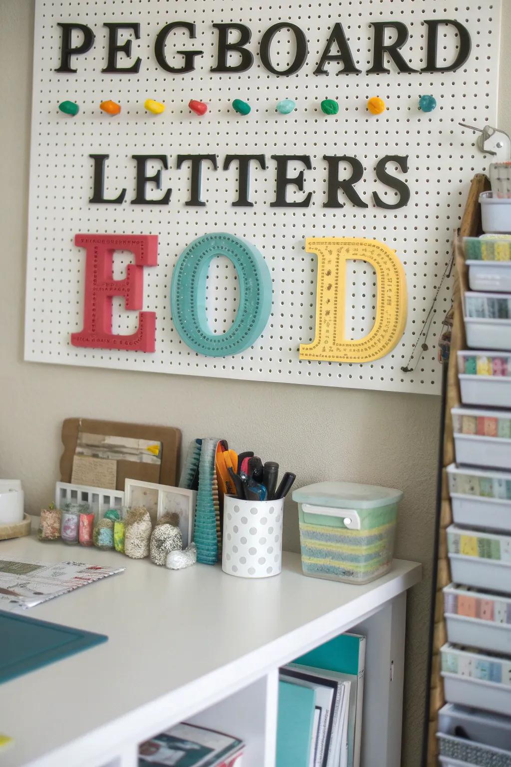 Pegboard letters provide a versatile and functional setup.
