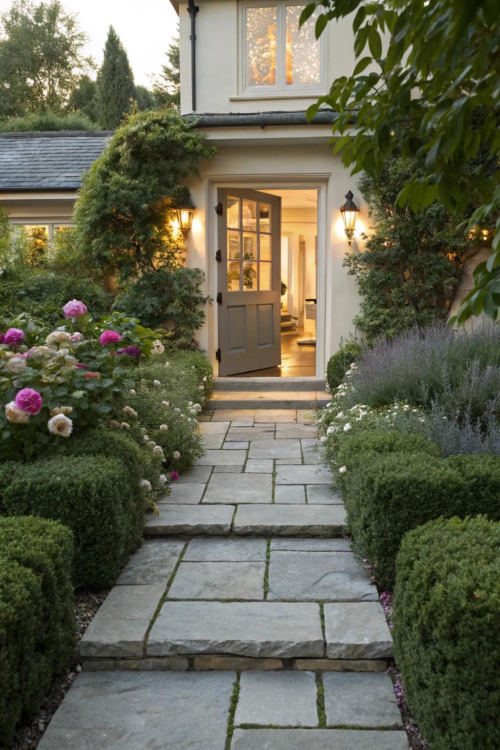 A stone path lends charm and guidance to this entryway.