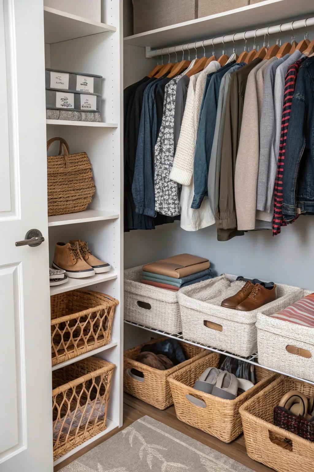 Optimize storage with versatile under-shelf baskets in your closet.