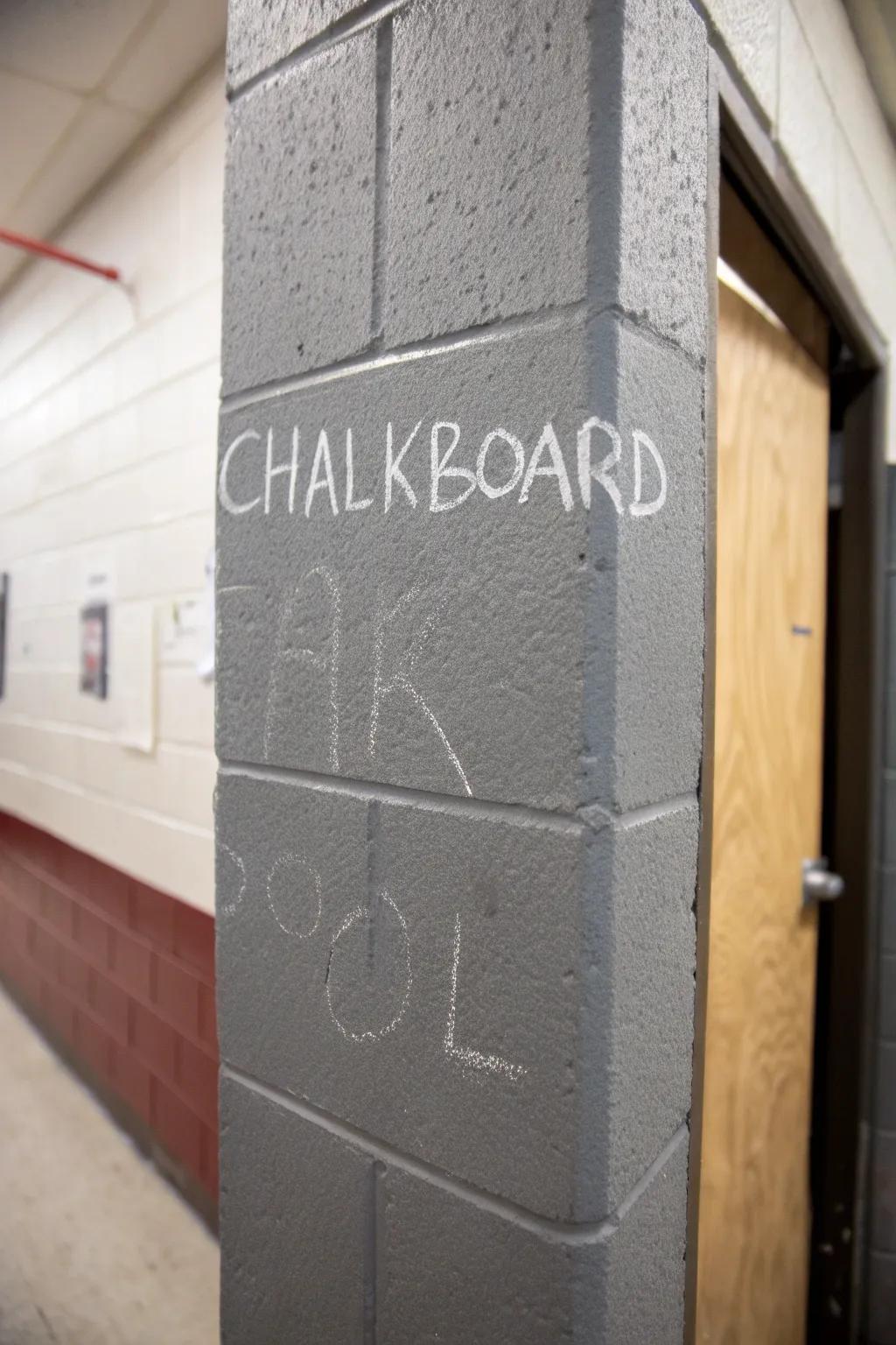 An erasable paint section infuses fun and functionality into a concrete block wall.