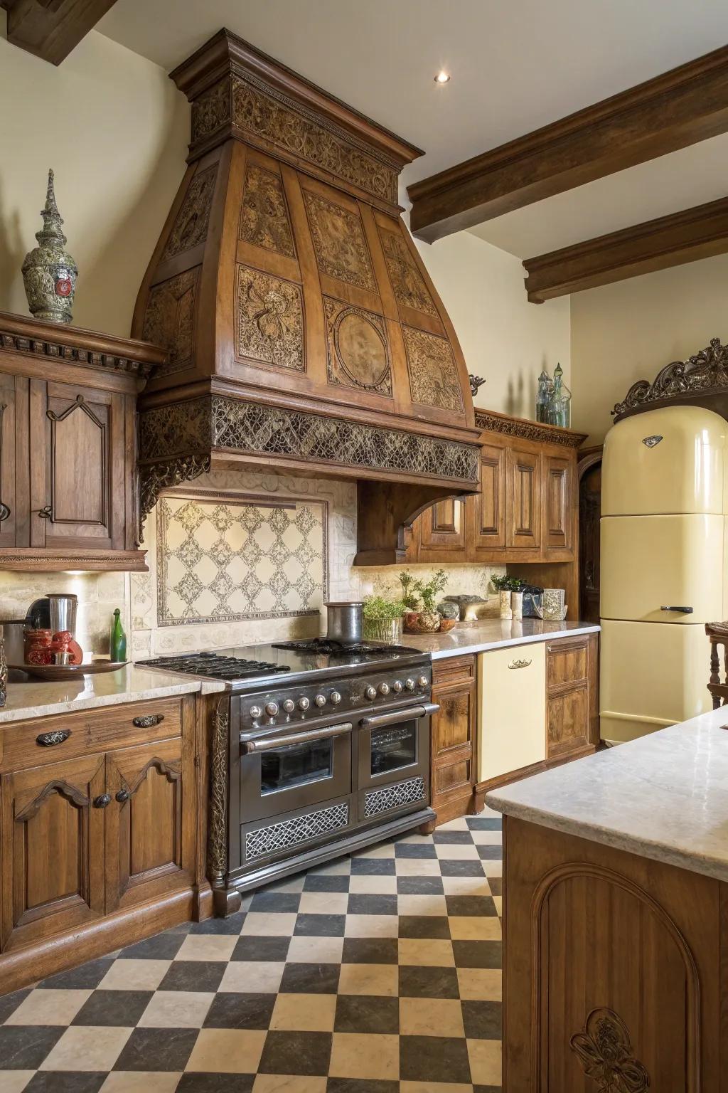 Detailed timber ventilation hoods enrich kitchens with vintage charm.