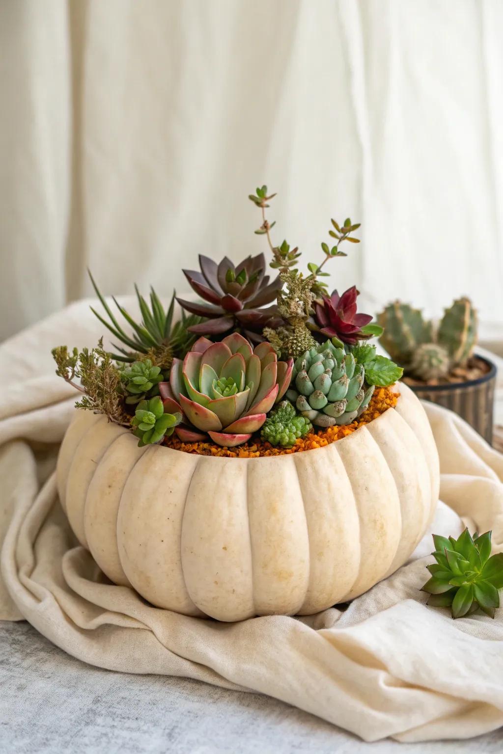 Enhance your autumn decor with an elegant pumpkin pot, where nature converges with artistry.