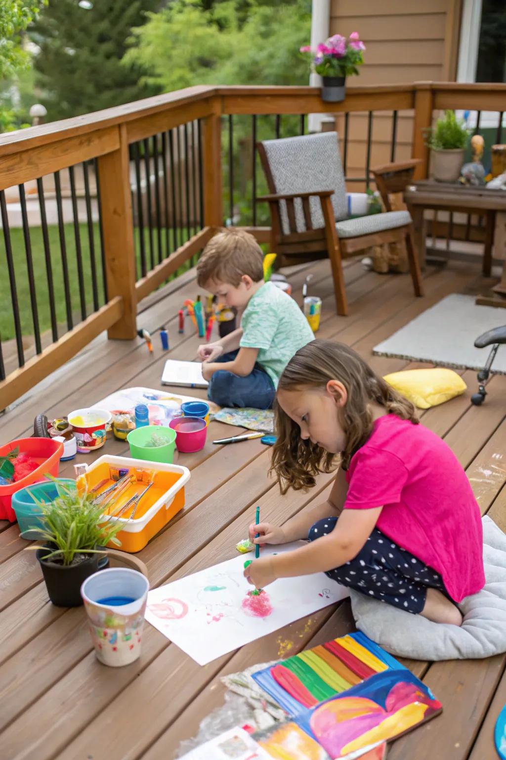 A deck with a creative expression point where children are painting and crafting.