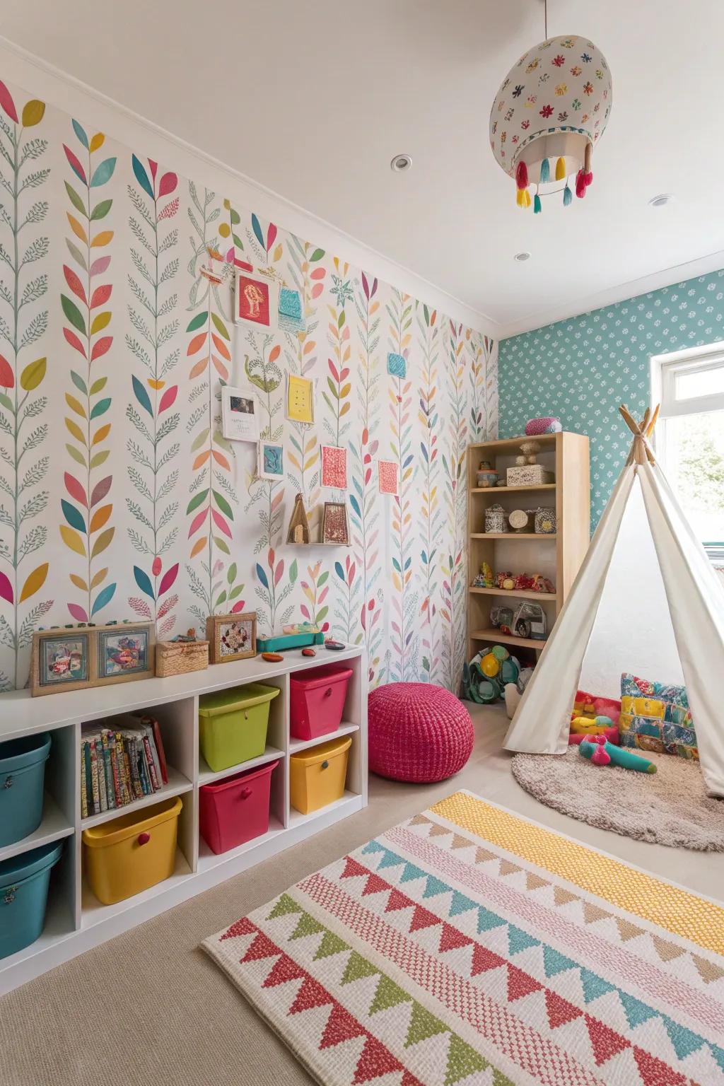 A playroom showcasing a mix of various patterned wall coverings for a playful touch.