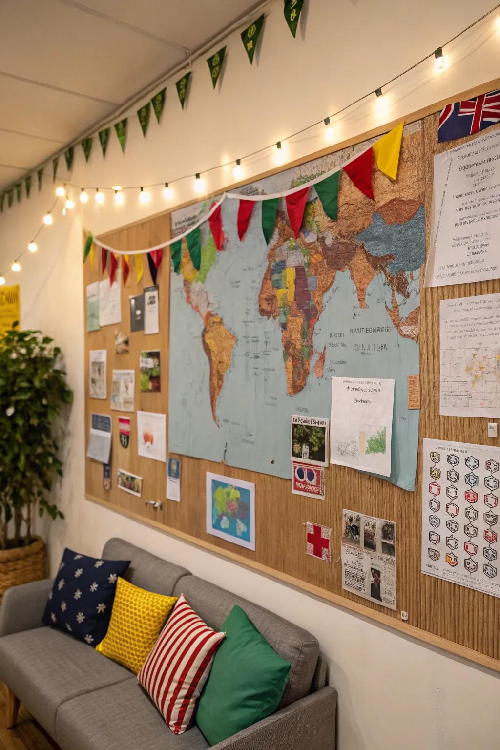 A global-inspired living space showcases a bulletin board featuring world kindness narratives and customs.
