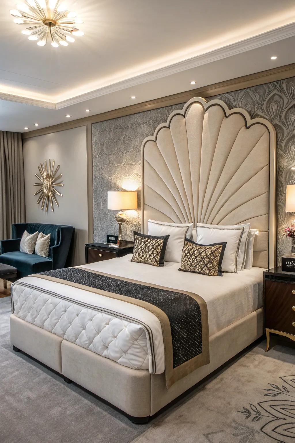 A striking headboard acts as the focal point for this king-sized bed.