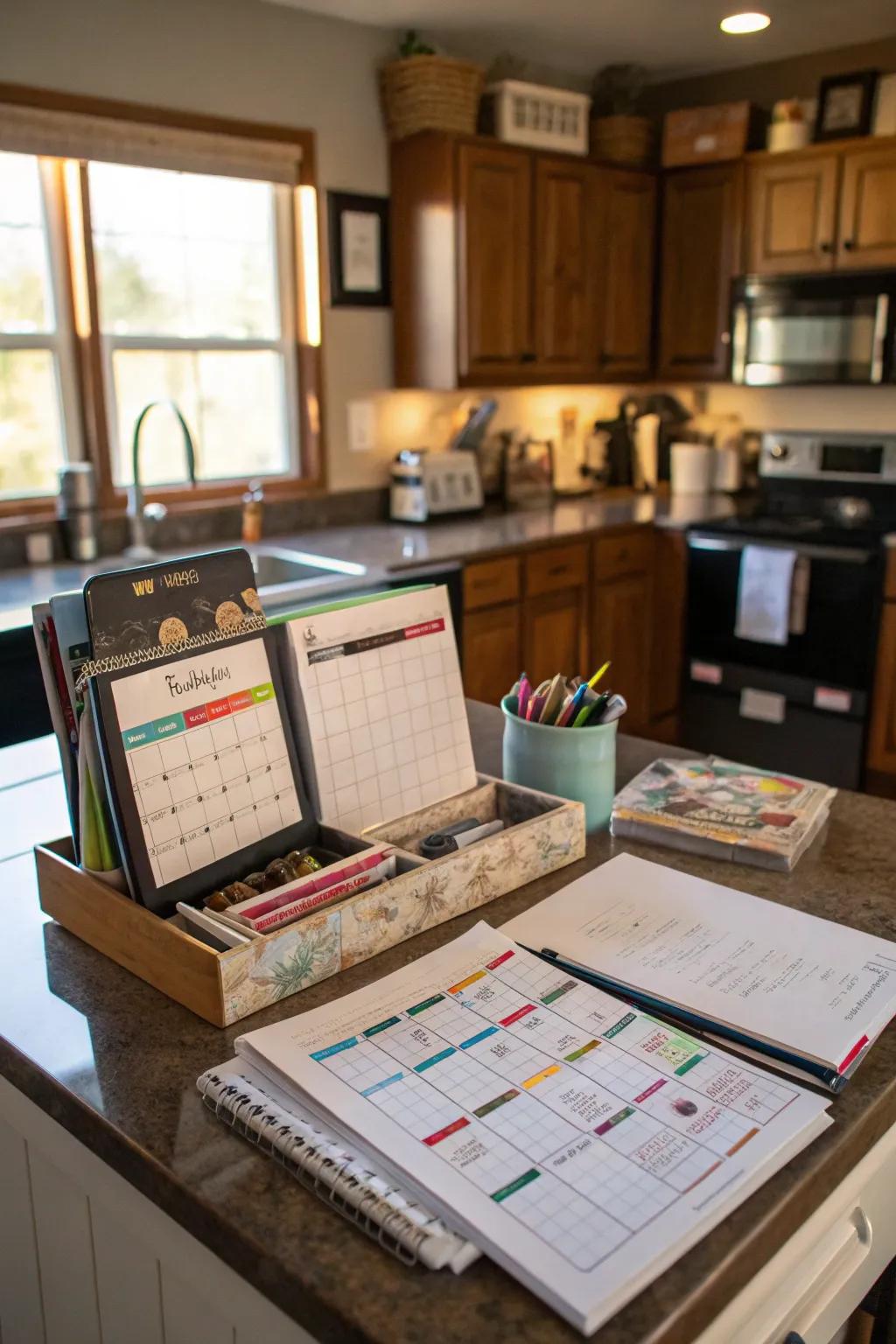 A kitchen desk area working as a central hub featuring planners.
