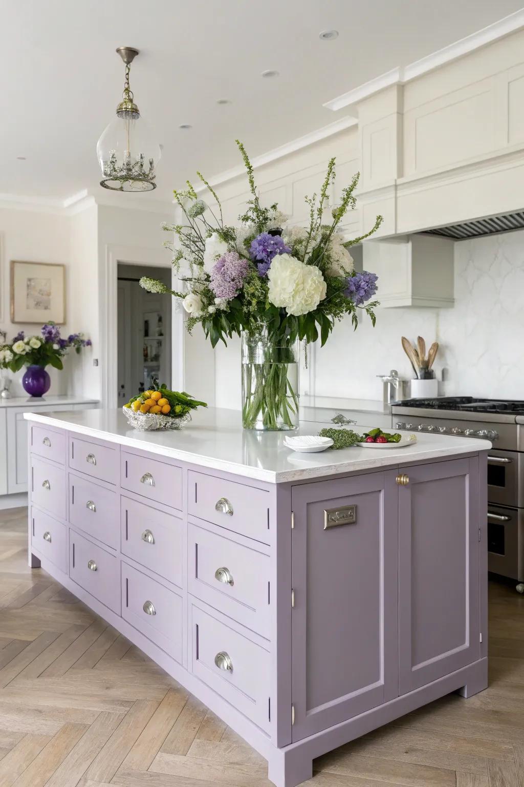 A wisteria kitchen island contributes a touch of serenity and elegance to the kitchen environment.