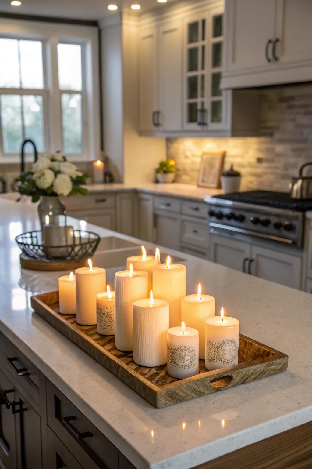 Luminaries add warmth and ambiance to the kitchen island.