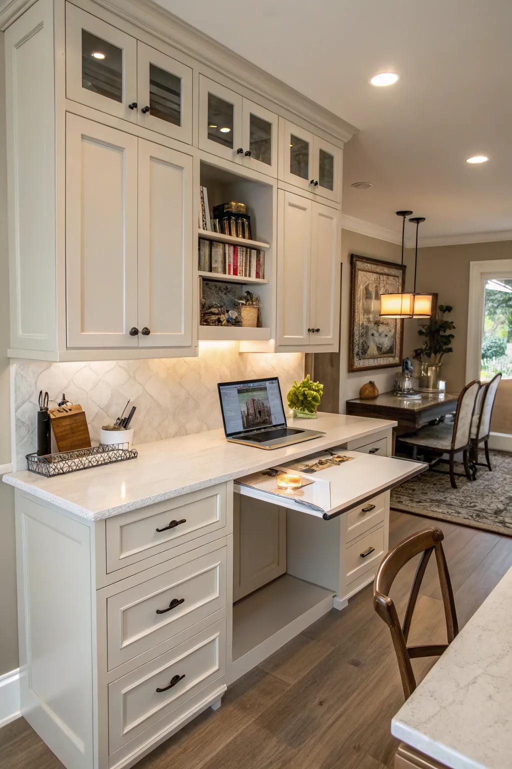 Furniture with multiple uses improves the flexibility of a kitchen office.