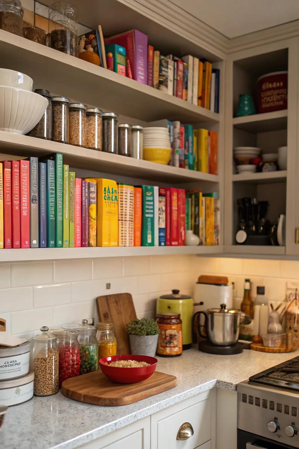 Incorporating books into your kitchen racks adds color and keeps recipes handy.